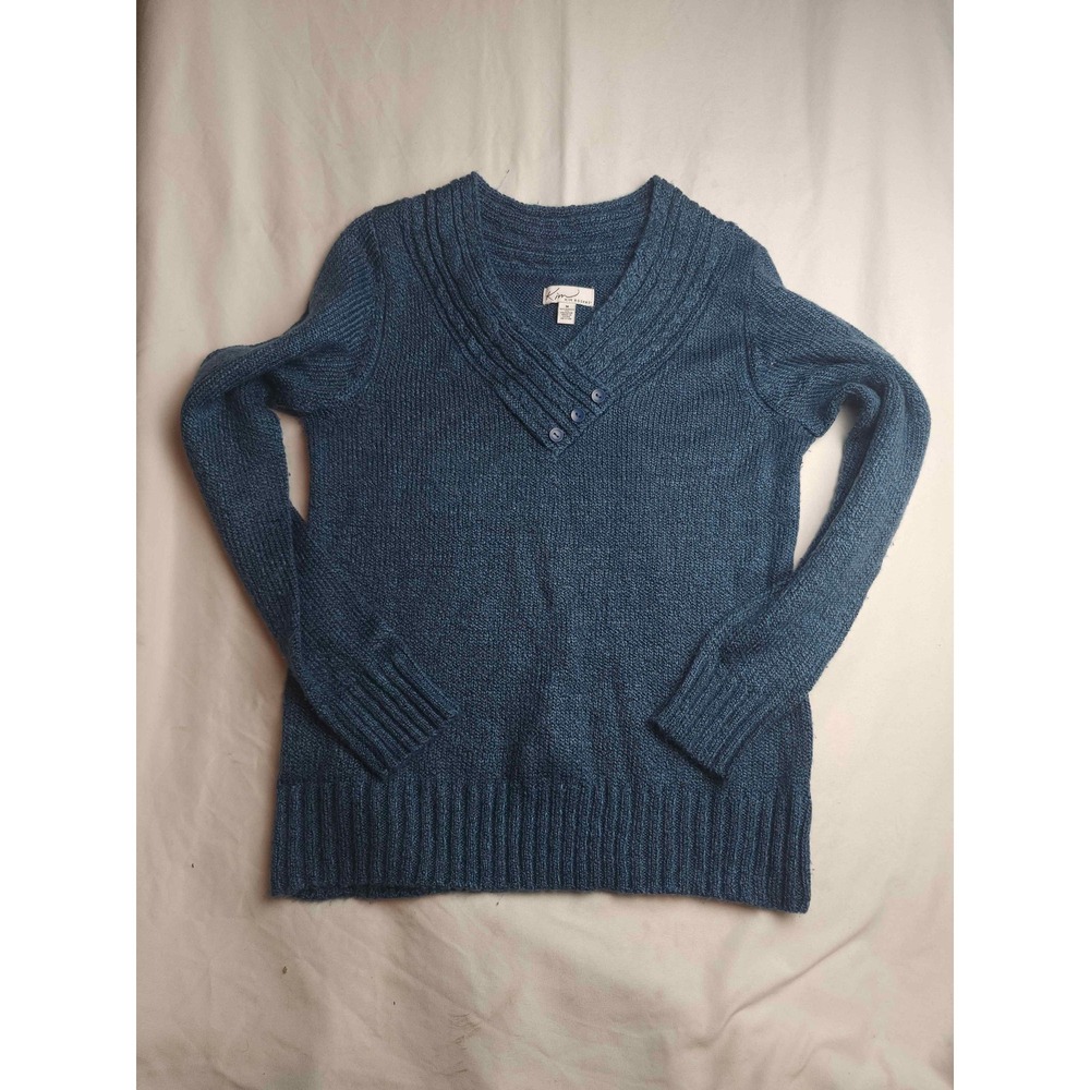 Kim Rogers Blue Heathered V-Neck Button Accent Knit Sweater Womens Medium
